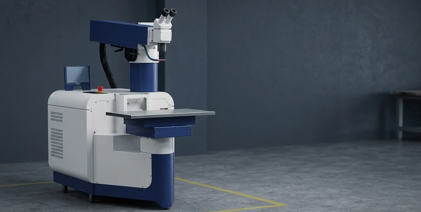 Stationäres hochpräzises Faserlasersystem Sidanus Fibre in dunkler Industriehalle mit gelber Bodenmarkierung Stationäres hochpräzises Faserlasersystem Sidanus Fibre in dunkler Industriehalle mit gelber Bodenmarkierung