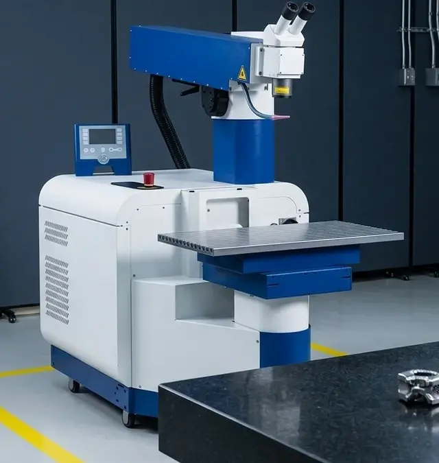 Sidanus Fibre Laserschweißanlage in sauberem medizinischem Fertigungsraum mit Metallimplantat auf Granittisch Sidanus Fibre Laserschweißanlage in sauberem medizinischem Fertigungsraum mit Metallimplantat auf Granittisch