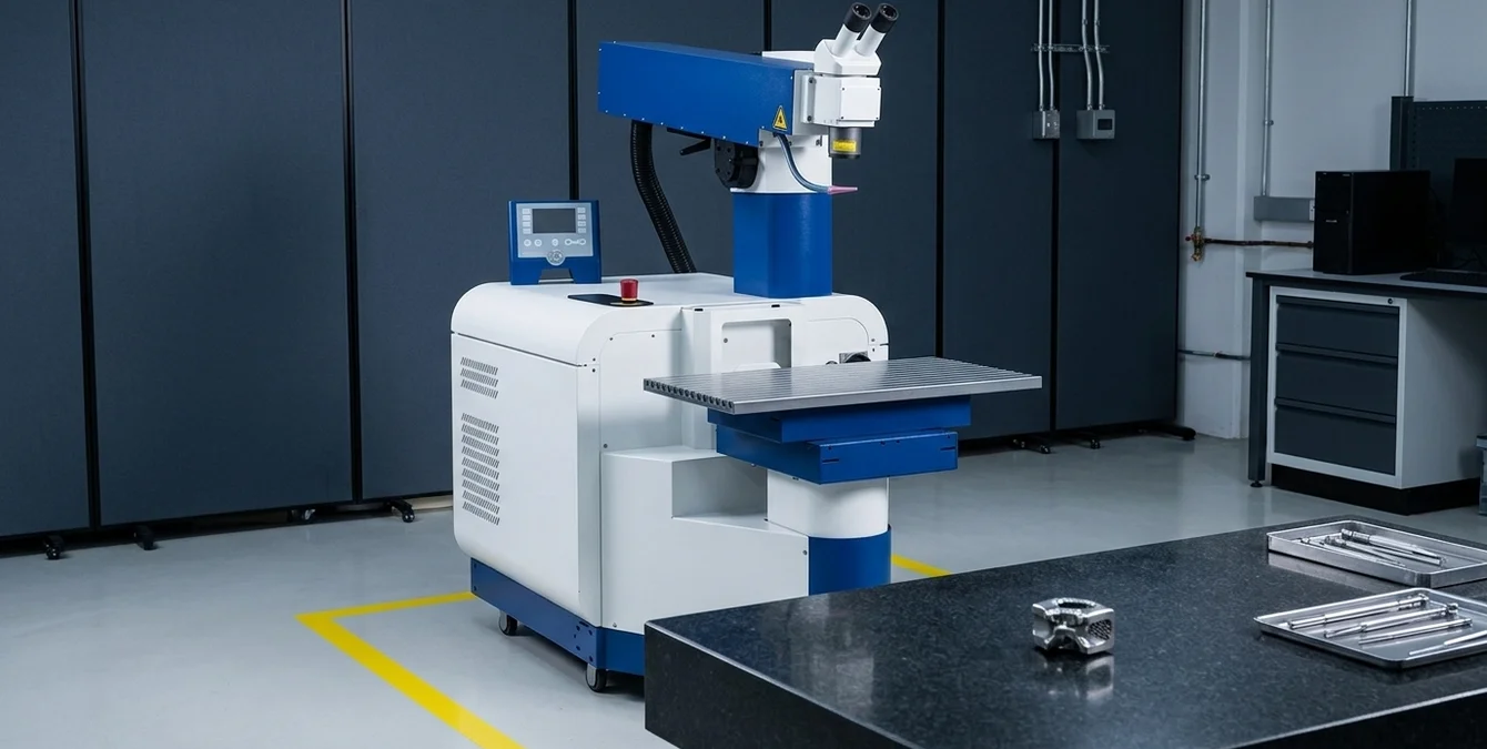 Sidanus Fibre Laserschweißanlage in sauberem medizinischem Fertigungsraum mit Metallimplantat auf Granittisch Sidanus Fibre Laserschweißanlage in sauberem medizinischem Fertigungsraum mit Metallimplantat auf Granittisch