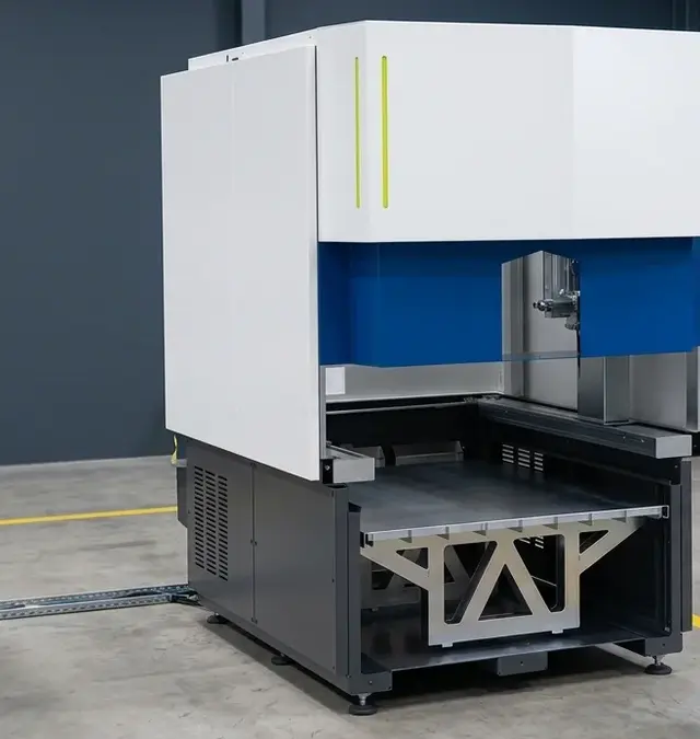 Feste Automationsbasis für Laserschweißen in sauberer Werkstattumgebung mit gelber Bodenmarkierung Feste Automationsbasis für Laserschweißen in sauberer Werkstattumgebung mit gelber Bodenmarkierung