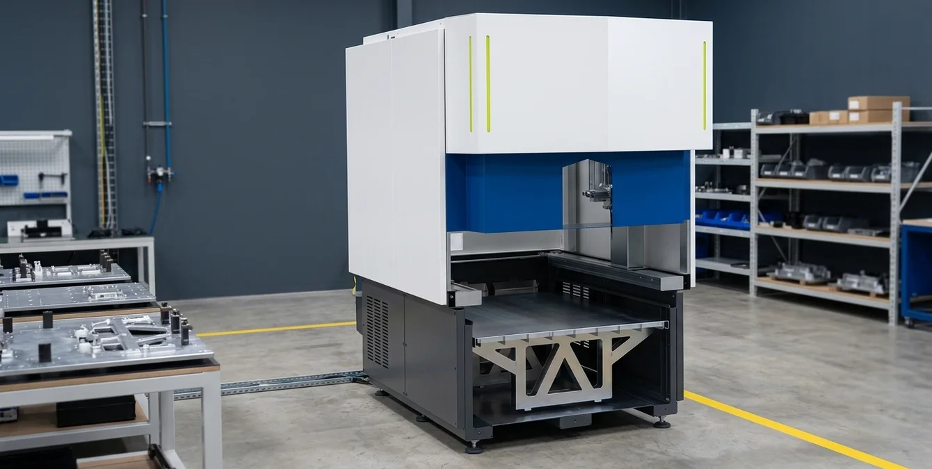 Feste Automationsbasis für Laserschweißen in sauberer Werkstattumgebung mit gelber Bodenmarkierung Feste Automationsbasis für Laserschweißen in sauberer Werkstattumgebung mit gelber Bodenmarkierung