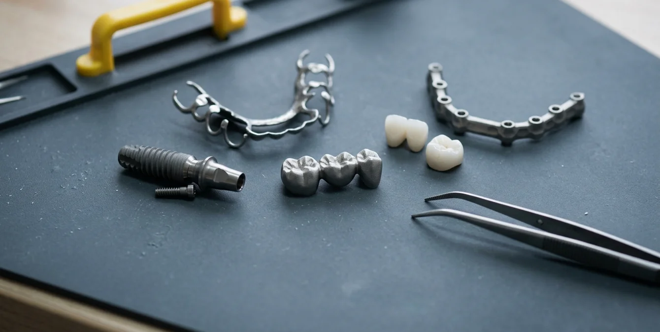 Nahaufnahme von dentalen Prothetikteilen auf dunkelgrauer Matte mit gelbem Haltegriff Laserschweißbare Dentalteile auf einer Arbeitsmatte: Titanimplantat mit Abutment, Modellgussgerüst, Brückengerüst, Keramikkronen und Implantatsteg