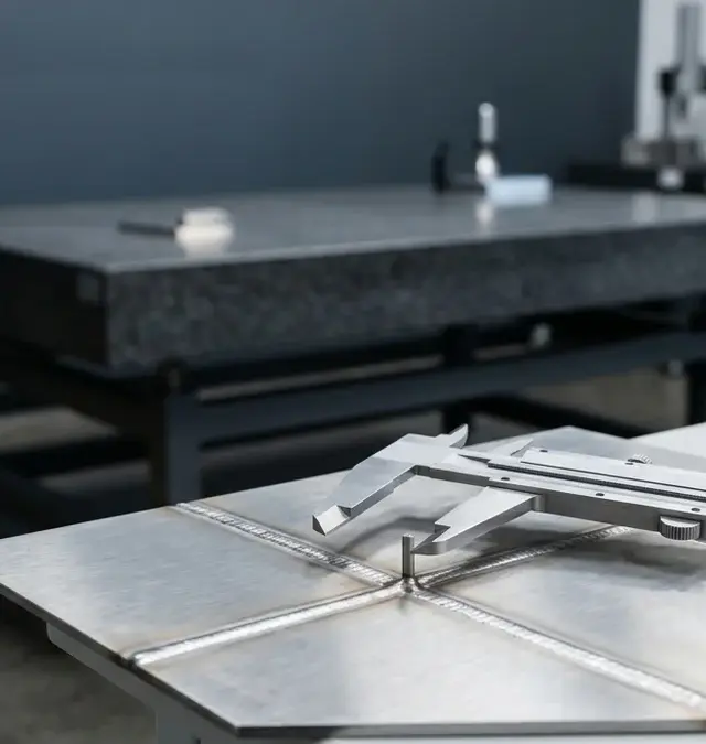 Nahaufnahme einer laser-geschweißten Metallprobe mit Messschieber auf einem Granittisch in einem Industrieprüfraum Nahaufnahme einer laser-geschweißten Metallprobe mit Messschieber auf einem Granittisch in einem Industrieprüfraum