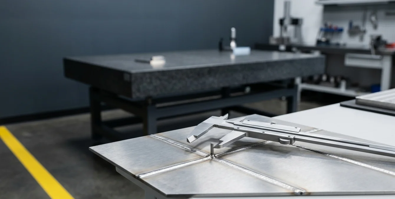 Nahaufnahme einer laser-geschweißten Metallprobe mit Messschieber auf einem Granittisch in einem Industrieprüfraum Nahaufnahme einer laser-geschweißten Metallprobe mit Messschieber auf einem Granittisch in einem Industrieprüfraum