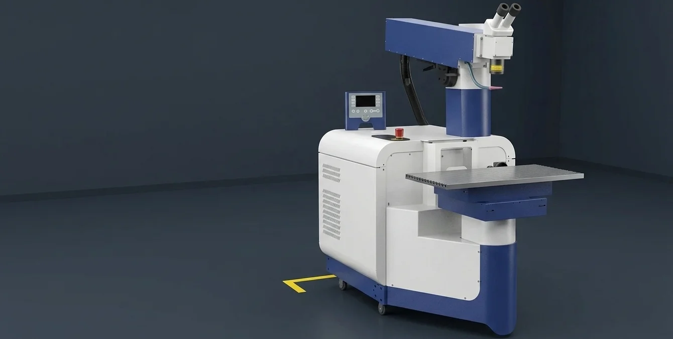 Sidanus Light stationary Nd:YAG laser welding machine in a clean assembly bay with yellow floor marking Sidanus Light stationary Nd:YAG laser welding machine in a clean assembly bay with yellow floor marking
