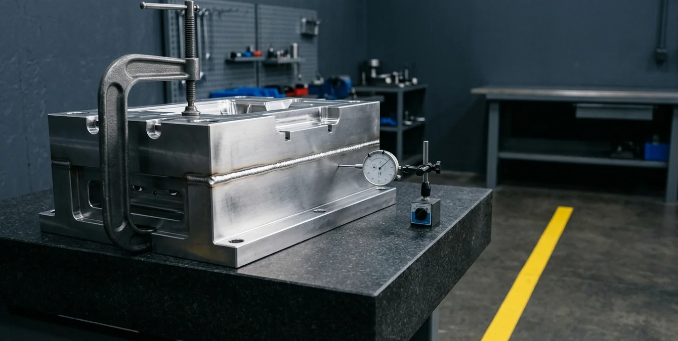 Oficina industrial com molde polido em mesa de inspeção e linha amarela no chão, mostrando soldadura laser perfeita Oficina industrial com molde polido em mesa de inspeção e linha amarela no chão, mostrando soldadura laser perfeita