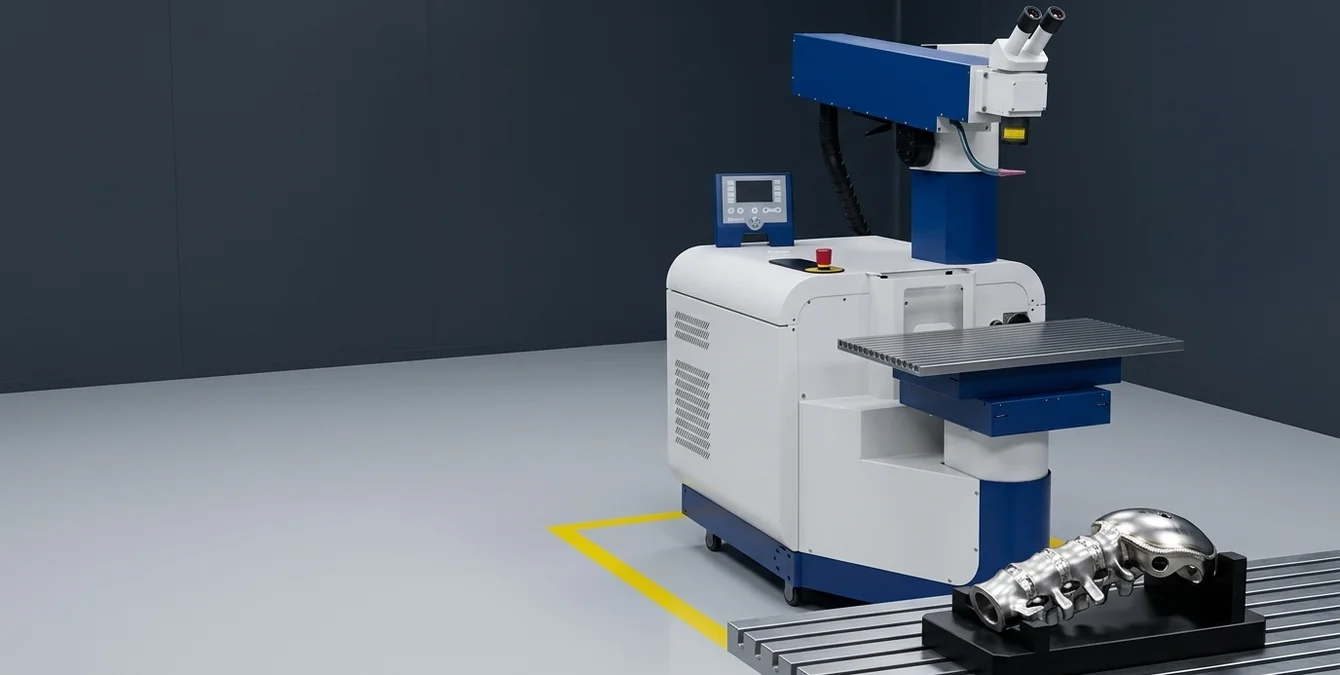 Stationäre Faserlaserschweißanlage Sidanus Fibre in sauberem Reinraum mit poliertem Titanimplantat im Vordergrund Stationäre Faserlaserschweißanlage Sidanus Fibre in sauberem Reinraum mit poliertem Titanimplantat im Vordergrund