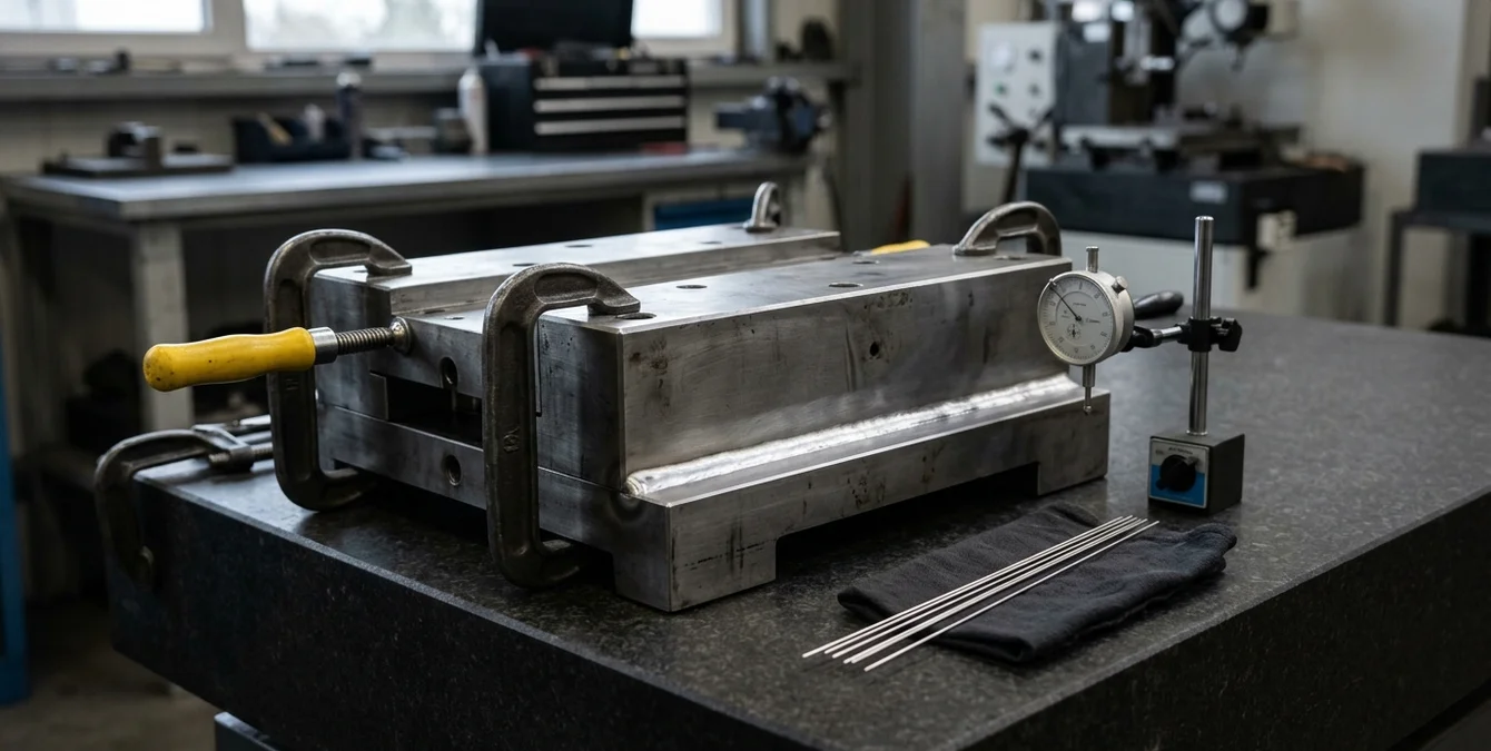 Heavy tool steel mold with immaculate laser weld seam clamped on granite inspection table with filler wire and dial indicator Heavy tool steel mold with immaculate laser weld seam clamped on granite inspection table with filler wire and dial indicator