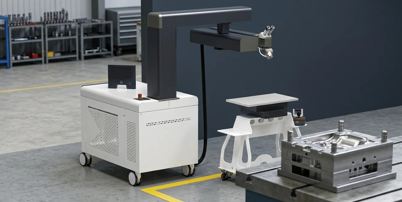 Máquina móvel de soldadura laser Sineo Light numa oficina industrial limpa com molde pesado em primeiro plano Máquina móvel de soldadura laser Sineo Light numa oficina industrial limpa com molde pesado em primeiro plano