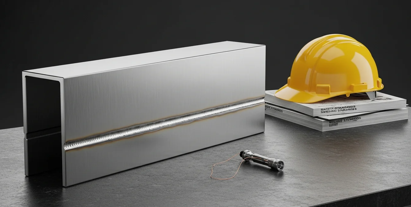 Industrielle Beratungsszene mit poliertem Edelstahlschweißteil auf Granittisch, gelbem Schutzhelm und Normenunterlagen Industrielle Beratungsszene mit poliertem Edelstahlschweißteil auf Granittisch, gelbem Schutzhelm und Normenunterlagen