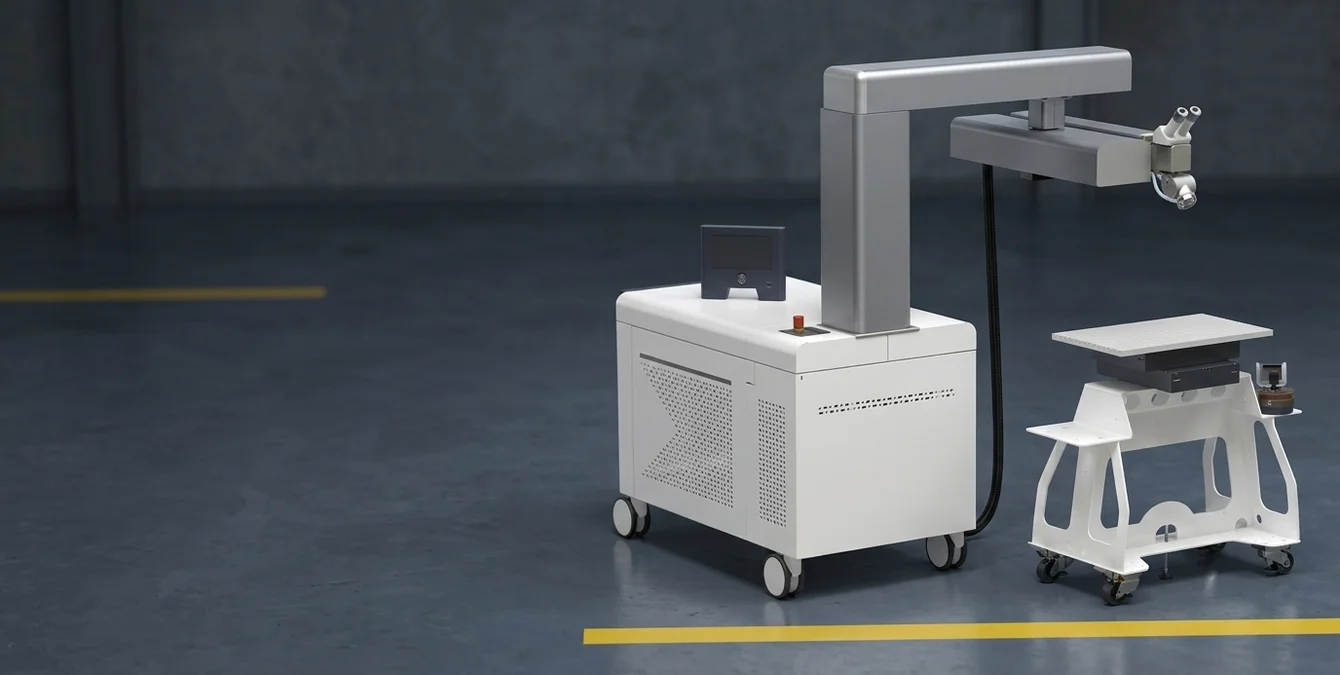 Sistema móvel de soldadura laser Nd:YAG Sineo Light numa baía industrial escura com linha amarela no chão Sistema móvel de soldadura laser Nd:YAG Sineo Light numa baía industrial escura com linha amarela no chão