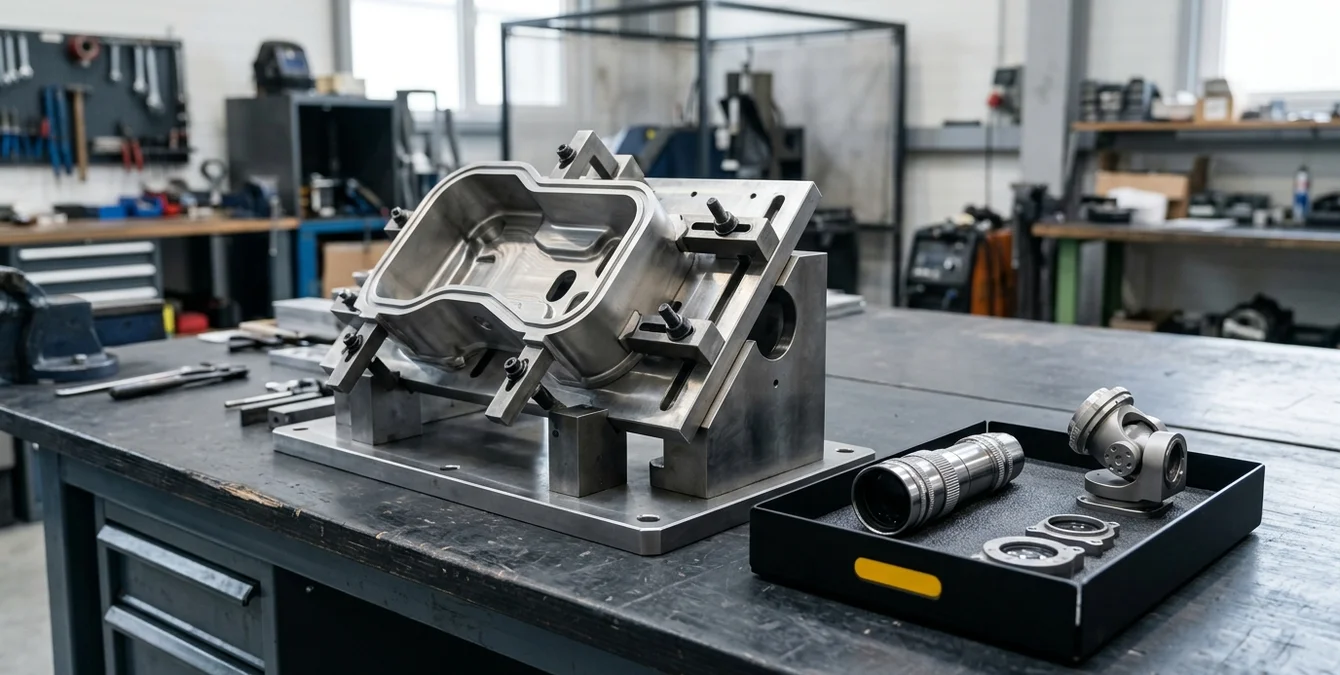 Industrial fixture setup with large metal part and laser welding accessories arranged for pre-weld access planning Industrial fixture setup with large metal part and laser welding accessories arranged for pre-weld access planning