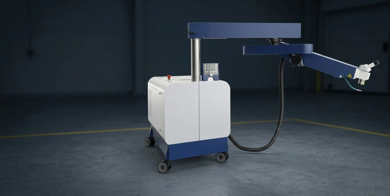 Sistema móvel de soldadura laser Sirius Light numa nave de oficina ampla e pouco iluminada Sistema móvel de soldadura laser Sirius Light numa nave de oficina ampla e pouco iluminada