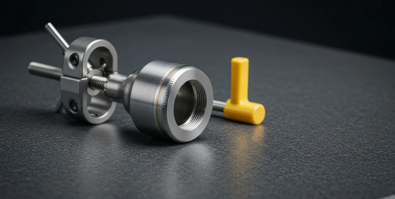 Dispositivo médico em titânio com soldadura laser impecável numa mesa de inspeção de granito cinzento escuro, com um pequeno manípulo amarelo em destaque Dispositivo médico em titânio com soldadura laser impecável numa mesa de inspeção de granito cinzento escuro, com um pequeno manípulo amarelo em destaque