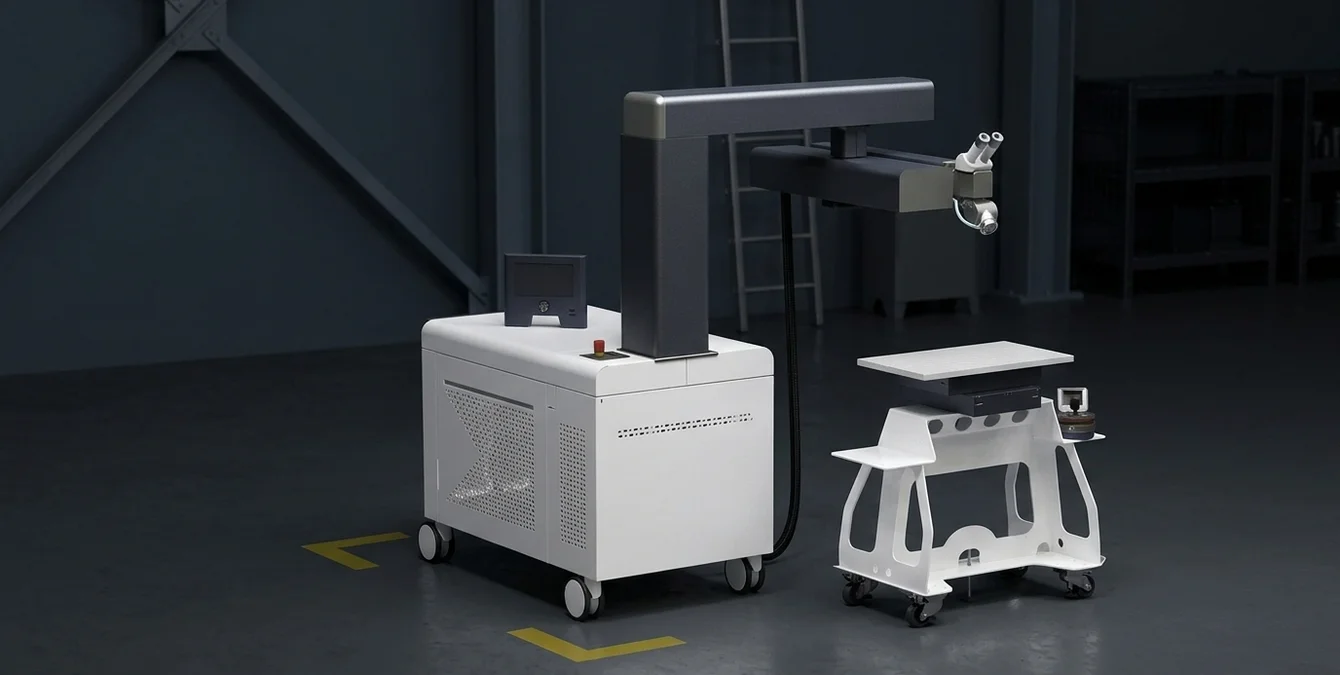 Mobiles Nd:YAG-Laserschweißsystem Sineo Light in Werkstatt mit präziser Schweißnaht auf polierter Metallplatte Mobiles Nd:YAG-Laserschweißsystem Sineo Light in Werkstatt mit präziser Schweißnaht auf polierter Metallplatte