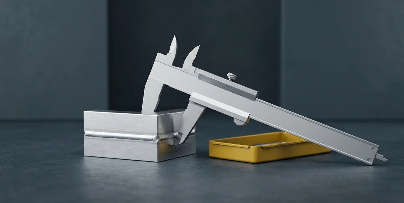 Messschieber an einem präzise geschweißten Metallwerkstück neben gelber Werkzeugschale – Symbol für Prüfkriterien bei der Anbieterauswahl Messschieber an einem präzise geschweißten Metallwerkstück neben gelber Werkzeugschale – Symbol für Prüfkriterien bei der Anbieterauswahl