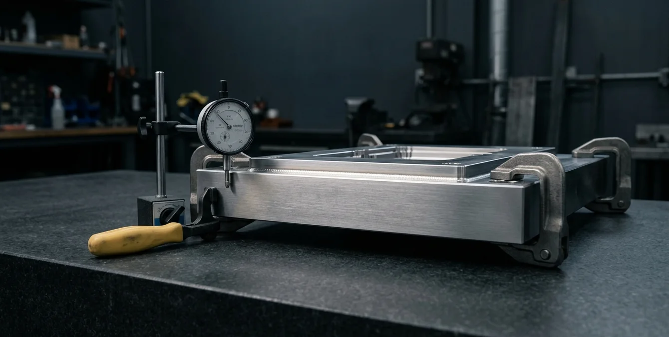 Inserto polido de molde de injeção fixado numa mesa de granito com um comparador e uma pega amarela, mostrando uma soldadura laser impecável. Inserto polido de molde de injeção fixado numa mesa de granito com um comparador e uma pega amarela, mostrando uma soldadura laser impecável.