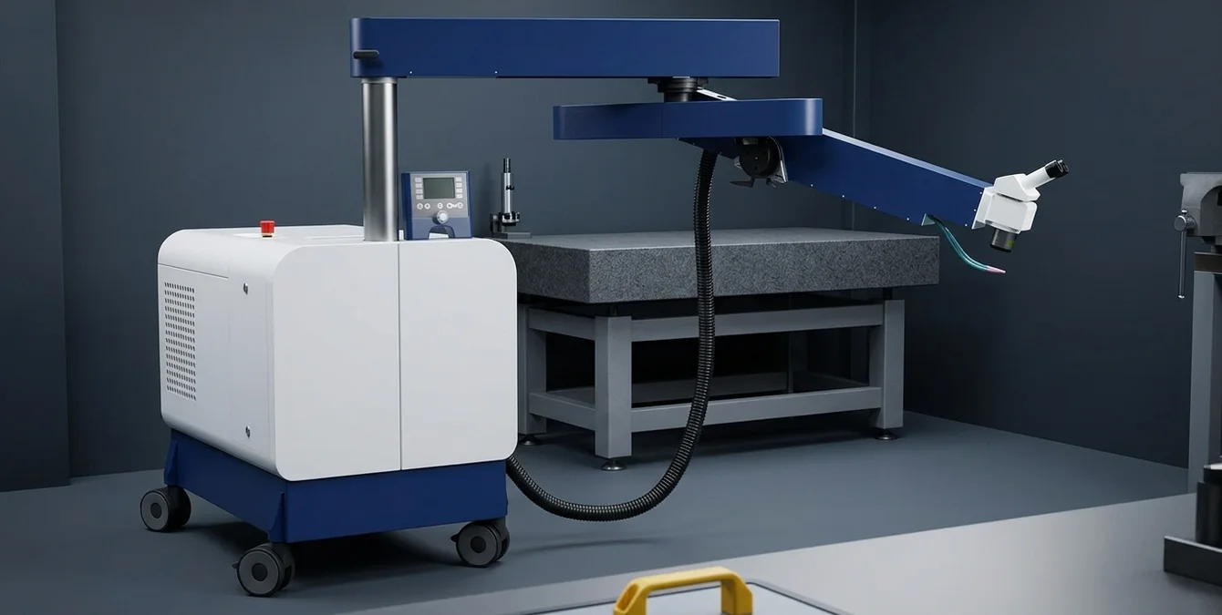 Sistema laser de fibra estacionário de alta precisão num espaço industrial limpo com mesa de inspeção e pega amarela em primeiro plano Sistema laser de fibra estacionário de alta precisão num espaço industrial limpo com mesa de inspeção e pega amarela em primeiro plano