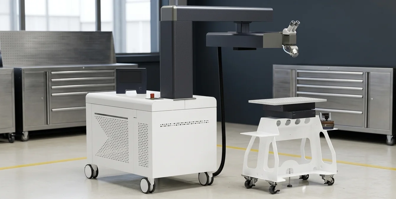 Máquina móvel de soldadura laser Sineo Light numa oficina limpa com componente de molde em primeiro plano Máquina móvel de soldadura laser Sineo Light numa oficina limpa com componente de molde em primeiro plano