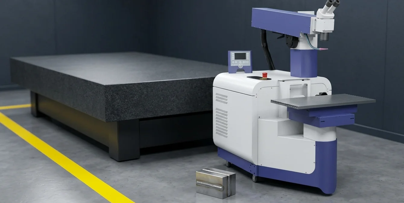 Máquina de soldadura laser Nd:YAG estacionária num ambiente industrial limpo com amostra de reparação de molde em primeiro plano e linha amarela no chão Máquina de soldadura laser Nd:YAG estacionária num ambiente industrial limpo com amostra de reparação de molde em primeiro plano e linha amarela no chão