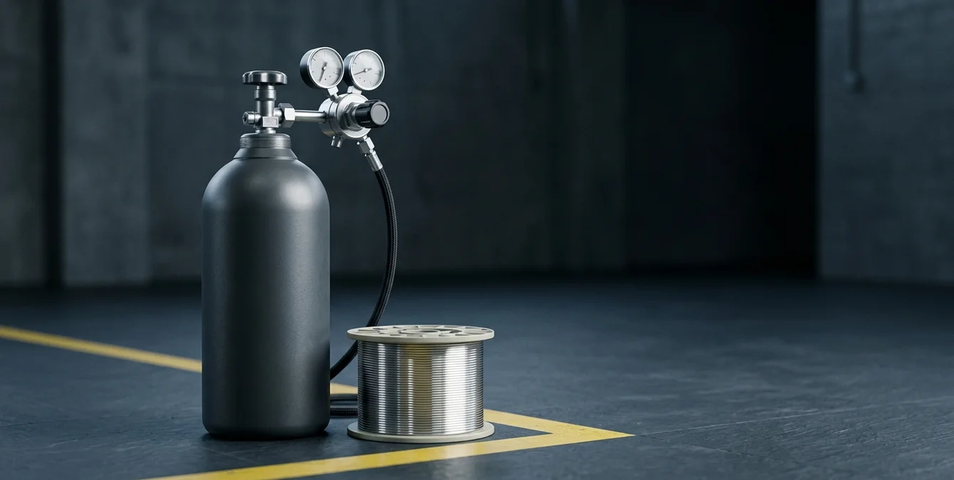 Argon-Gasflasche neben einer Rolle Schweißdraht in einer industriellen Werkstatt Argon-Gasflasche neben einer Rolle Schweißdraht in einer industriellen Werkstatt