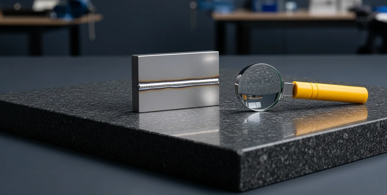 Prüfwerkzeuge und polierter Schweißnaht-Metallograph auf Granittisch in Inspektionsraum Prüfwerkzeuge und polierter Schweißnaht-Metallograph auf Granittisch in Inspektionsraum