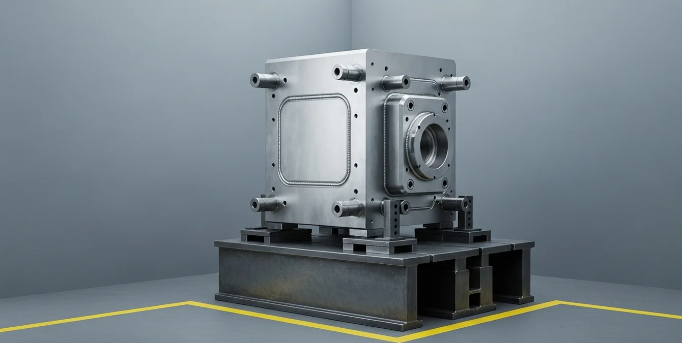 Cena industrial com molde pesado para injeção numa bancada robusta, com soldadura laser impecável e linha amarela no chão Cena industrial com molde pesado para injeção numa bancada robusta, com soldadura laser impecável e linha amarela no chão