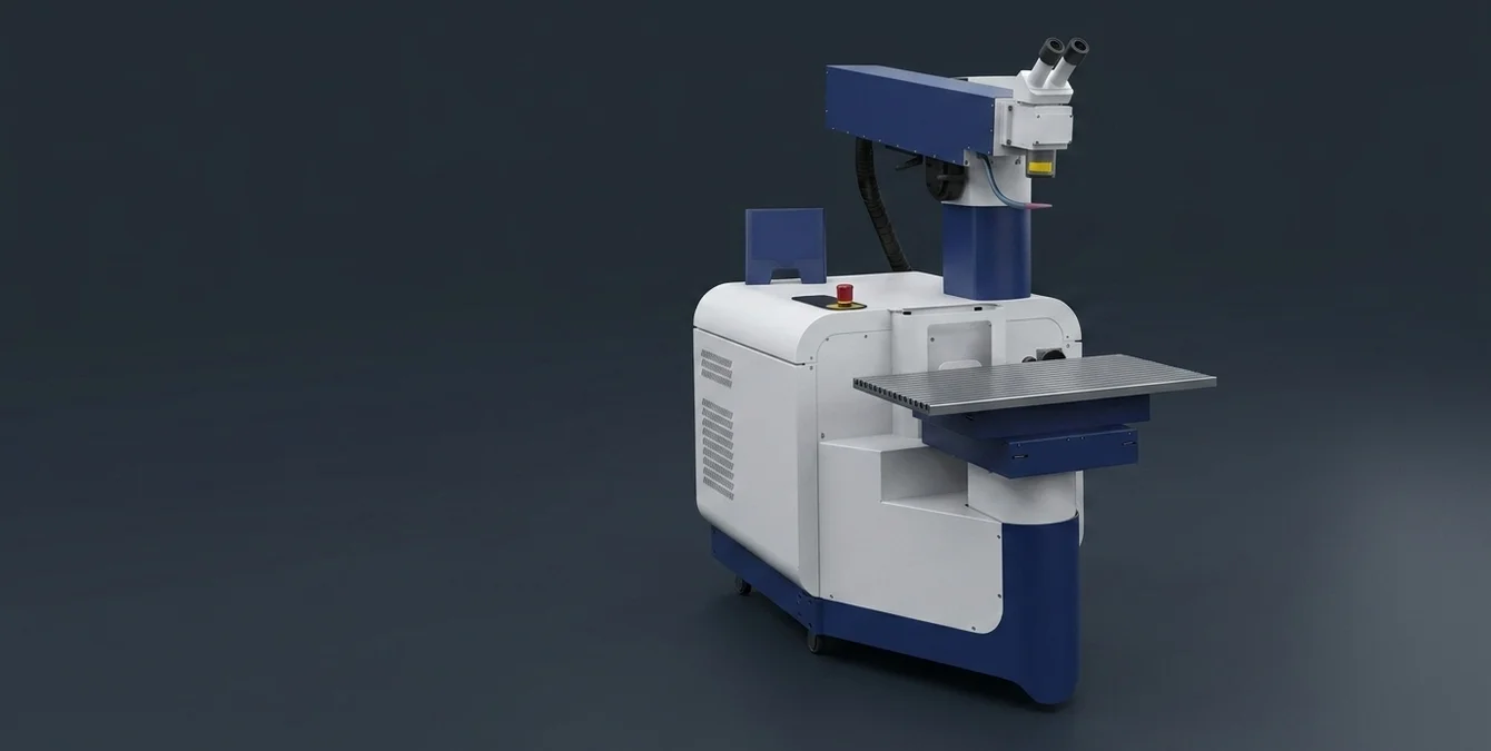 Sistema laser de fibra estacionário Sidanus Fibre numa área limpa de montagem, com detalhe de punho amarelo Sistema laser de fibra estacionário Sidanus Fibre numa área limpa de montagem, com detalhe de punho amarelo
