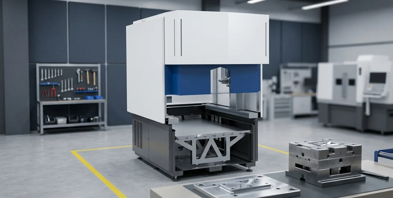 Máquina de soldadura laser fixa com peça de molde em bancada num ambiente industrial limpo e organizado Máquina de soldadura laser fixa com peça de molde em bancada num ambiente industrial limpo e organizado