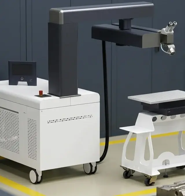 Máquina de soldadura laser Sineo Light num espaço de oficina industrial arrumado com linha amarela no chão e molde texturizado em primeiro plano Máquina de soldadura laser Sineo Light num espaço de oficina industrial arrumado com linha amarela no chão e molde texturizado em primeiro plano