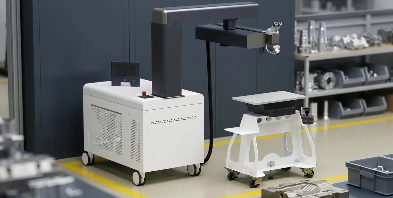 Máquina de soldadura laser Sineo Light num espaço de oficina industrial arrumado com linha amarela no chão e molde texturizado em primeiro plano Máquina de soldadura laser Sineo Light num espaço de oficina industrial arrumado com linha amarela no chão e molde texturizado em primeiro plano