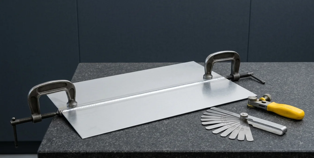 Poliertes, verzinktes Dünnblech mit makelloser Schweißnaht auf Granittisch mit Fühlerlehren und gelbem Haltegriff Poliertes, verzinktes Dünnblech mit makelloser Schweißnaht auf Granittisch mit Fühlerlehren und gelbem Haltegriff
