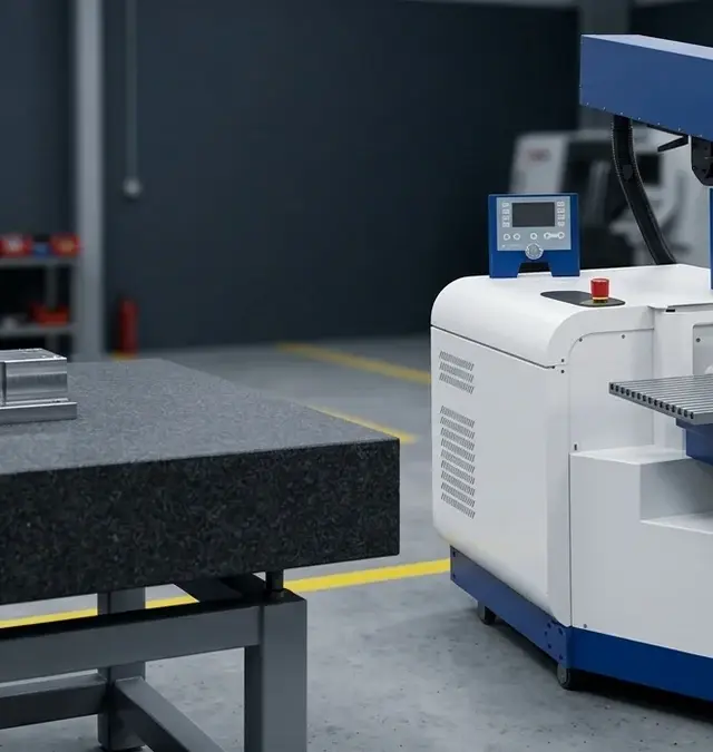 Stationäres Laserschweißsystem Sidanus Light in sauberer Werkstatt mit gelber Bodenmarkierung und Metallteil auf Granittisch Stationäres Laserschweißsystem Sidanus Light in sauberer Werkstatt mit gelber Bodenmarkierung und Metallteil auf Granittisch