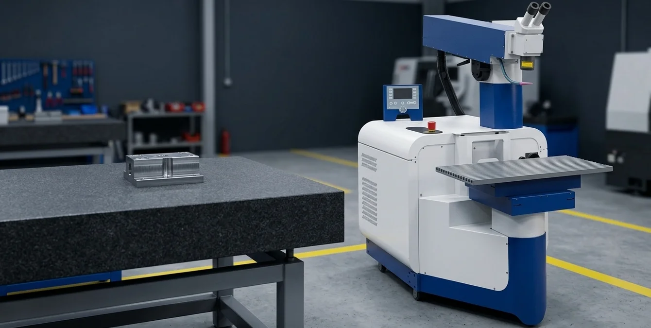 Stationäres Laserschweißsystem Sidanus Light in sauberer Werkstatt mit gelber Bodenmarkierung und Metallteil auf Granittisch Stationäres Laserschweißsystem Sidanus Light in sauberer Werkstatt mit gelber Bodenmarkierung und Metallteil auf Granittisch