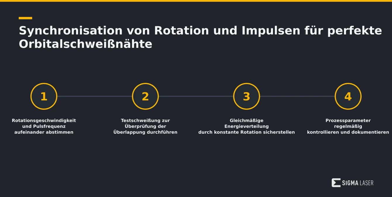 Infografik mit den Schritten zur Synchronisation von Rotation und Impulsen beim Orbitalschweißen Infografik mit den Schritten zur Synchronisation von Rotation und Impulsen beim Orbitalschweißen