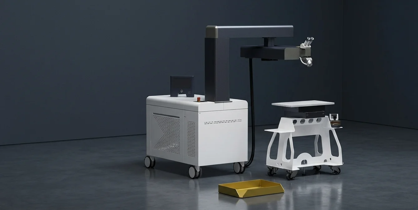 Mobile Nd:YAG-Laserschweißanlage Sineo Light von Sigma Laser in dunkler Werkhalle – Systemlösung eines Anbieters für mobiles Laserschweißen Mobile Nd:YAG-Laserschweißanlage Sineo Light von Sigma Laser in dunkler Werkhalle – Systemlösung eines Anbieters für mobiles Laserschweißen