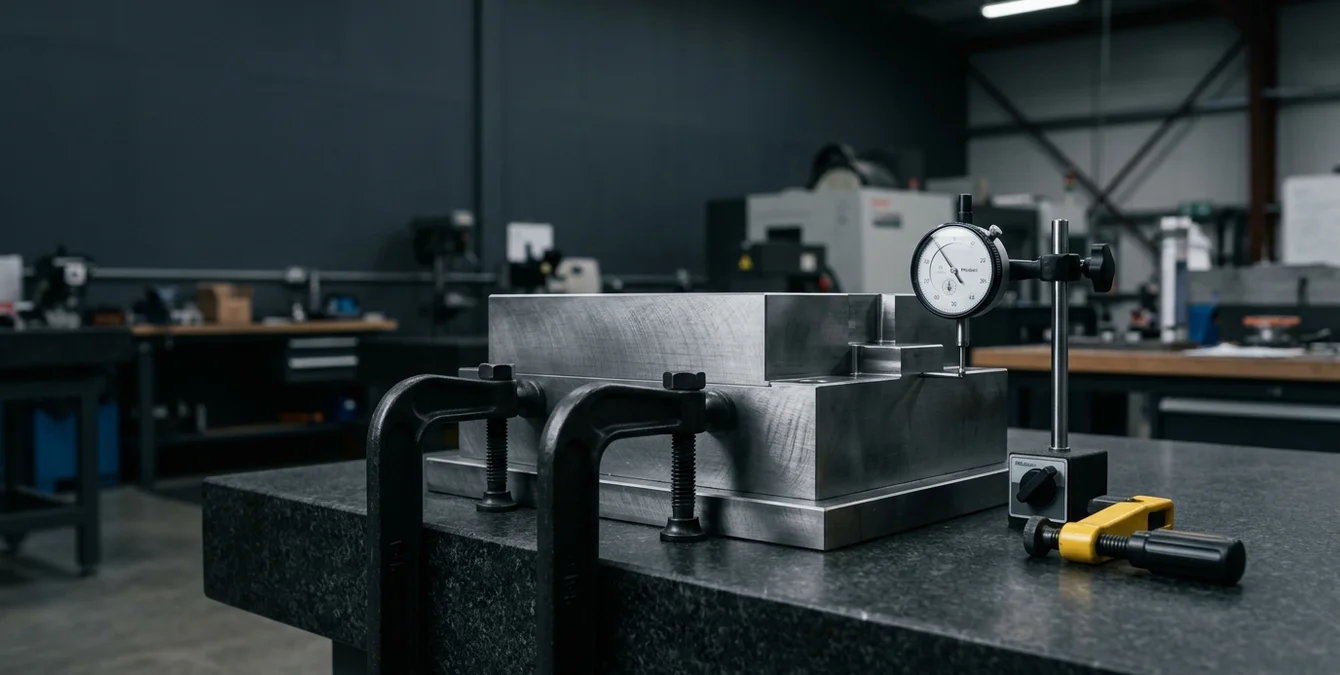 Molde de injeção texturizado sobre mesa de granito com indicador de relógio e fixador amarelo Molde de injeção texturizado sobre mesa de granito com indicador de relógio e fixador amarelo