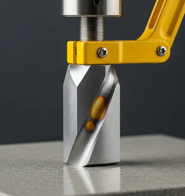 Close-up of tool steel sample clamped with yellow fixture handle on granite table in clean inspection room Close-up of tool steel sample clamped with yellow fixture handle on granite table in clean inspection room