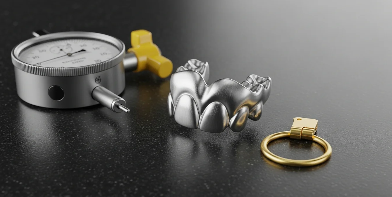 Polierte Zahnprothese und goldener Ring mit Scharnier auf Granittisch mit Messuhr in Dentallabor Polierte Zahnprothese und goldener Ring mit Scharnier auf Granittisch mit Messuhr in Dentallabor