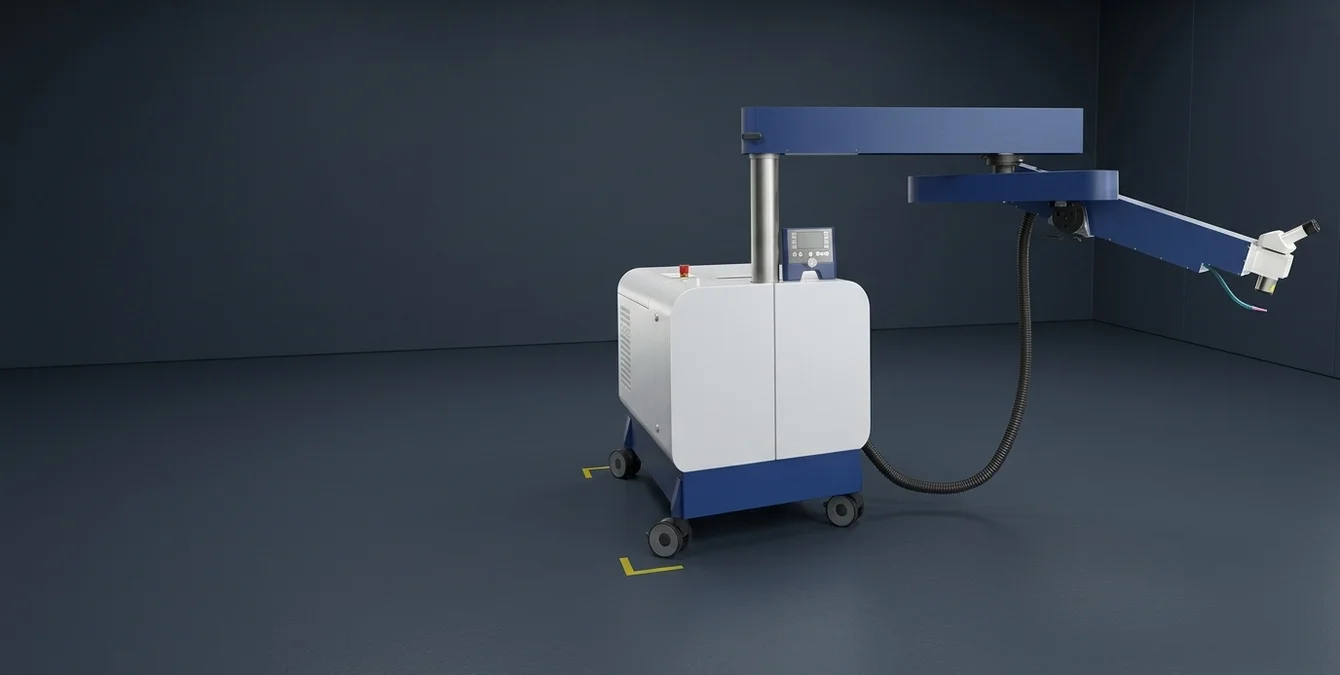 Máquina móvel de soldadura laser Sirius Light numa baía industrial limpa, destacando a sua flexibilidade e precisão para reparações no local Máquina móvel de soldadura laser Sirius Light numa baía industrial limpa, destacando a sua flexibilidade e precisão para reparações no local