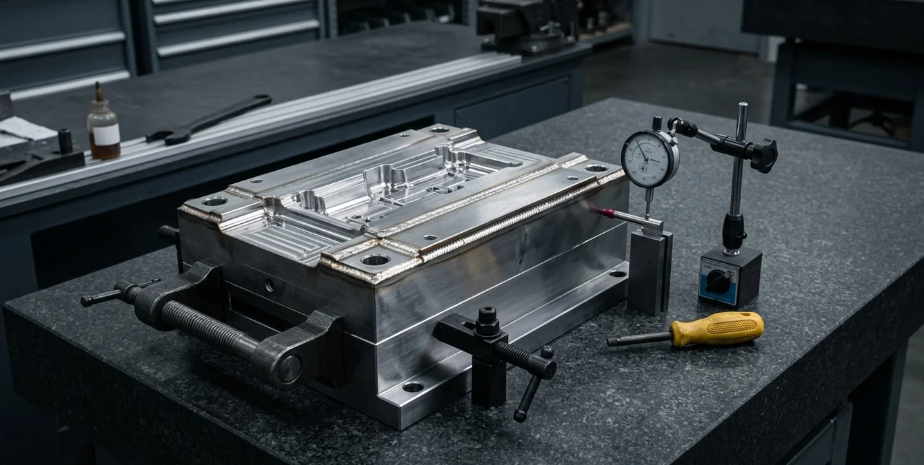 Industrielle Szene mit eingespanntem Spritzgusswerkzeug und makellosen Laserschweißnähten auf Granittisch Industrielle Szene mit eingespanntem Spritzgusswerkzeug und makellosen Laserschweißnähten auf Granittisch