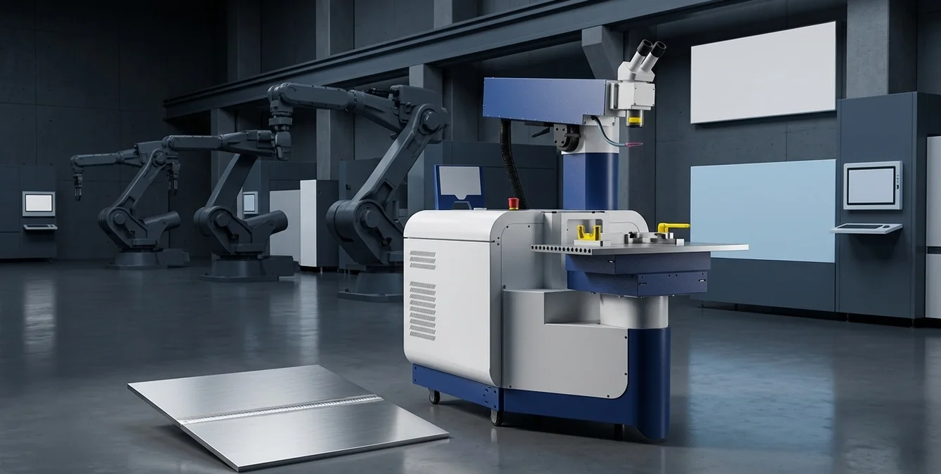 Stationäres Faserlasersystem Sidanus Fibre in sauberem Montagebereich mit makelloser Dauerstrich-Schweißnaht auf polierter Stahlplatte Stationäres Faserlasersystem Sidanus Fibre in sauberem Montagebereich mit makelloser Dauerstrich-Schweißnaht auf polierter Stahlplatte