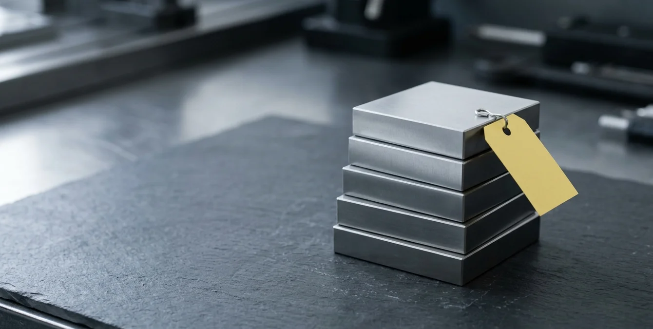 Symbolische Nahaufnahme eines kalibrierten Stahlmaßblocks mit gelbem Prüfsiegel als Zeichen für Qualitätskontrolle Symbolische Nahaufnahme eines kalibrierten Stahlmaßblocks mit gelbem Prüfsiegel als Zeichen für Qualitätskontrolle
