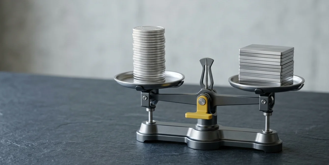 Symbolische Waage mit Münzstapeln und Metallplatten zur Darstellung von Wartungskosten und Lebensdauer Symbolische Waage mit Münzstapeln und Metallplatten zur Darstellung von Wartungskosten und Lebensdauer