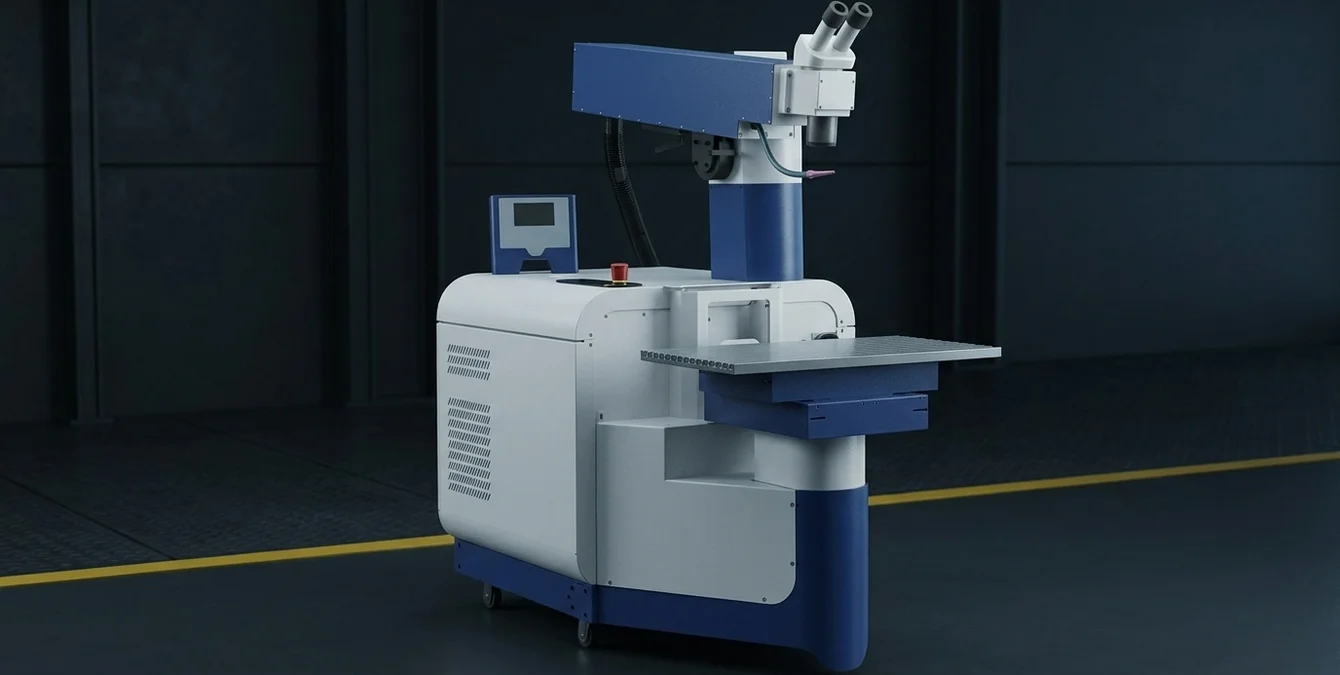 Stationäres Nd:YAG Laserschweißsystem Sidanus Light in industrieller Werkstattumgebung Stationäres Nd:YAG Laserschweißsystem Sidanus Light in industrieller Werkstattumgebung