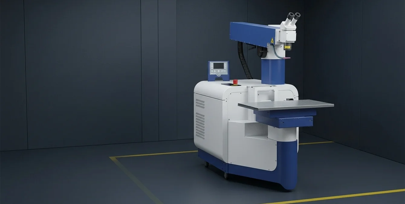 Stationäres hochpräzises Faserlasersystem Sidanus Fibre in dunkler Werkstatt mit gelber Bodenmarkierung Stationäres hochpräzises Faserlasersystem Sidanus Fibre in dunkler Werkstatt mit gelber Bodenmarkierung