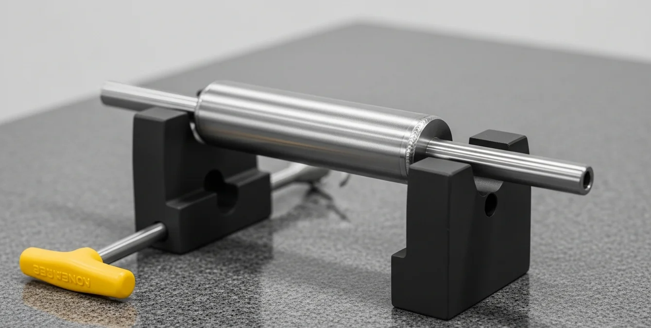 Nahaufnahme von chirurgischen Instrumententeilen mit präzisem, sauberem Laserschweißnaht in einer Spannvorrichtung auf einem Granittisch. Nahaufnahme von chirurgischen Instrumententeilen mit präzisem, sauberem Laserschweißnaht in einer Spannvorrichtung auf einem Granittisch.