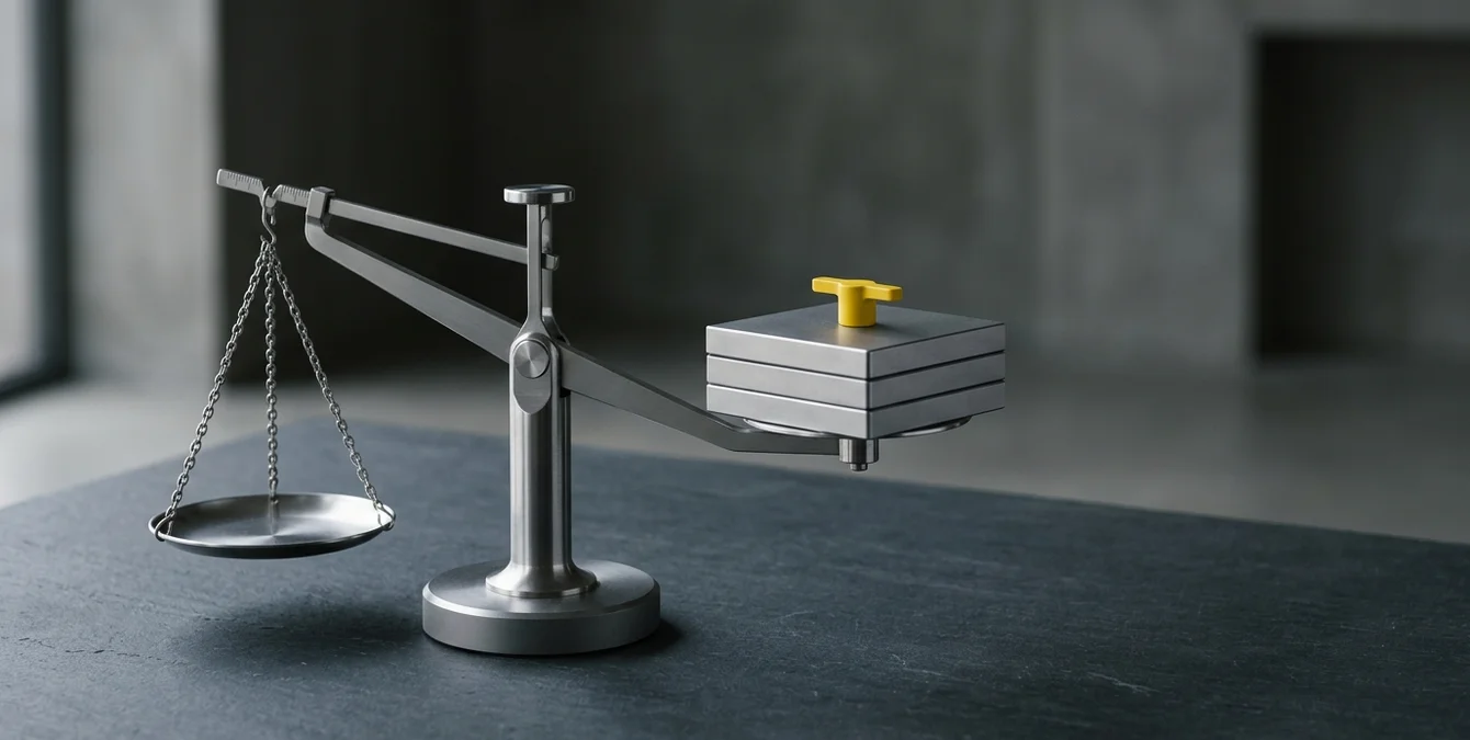 Symbolische Waage mit Stahlteilen und gelbem Häkchen als Darstellung der Wahl der ISO 3834 Stufe Symbolische Waage mit Stahlteilen und gelbem Häkchen als Darstellung der Wahl der ISO 3834 Stufe