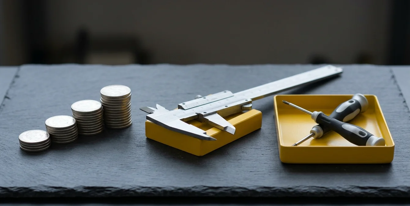 Symbolic still life of ascending coin stacks, caliper on yellow gauge block, and yellow tool tray representing careful supplier evaluation and precision Symbolic still life of ascending coin stacks, caliper on yellow gauge block, and yellow tool tray representing careful supplier evaluation and precision