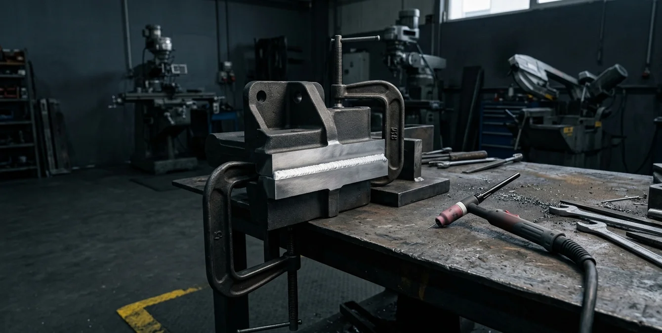 Heavy cast iron structural joint clamped on steel bench in industrial workshop with TIG welding torch tip nearby, showing immaculate conventional weld seam Heavy cast iron structural joint clamped on steel bench in industrial workshop with TIG welding torch tip nearby, showing immaculate conventional weld seam